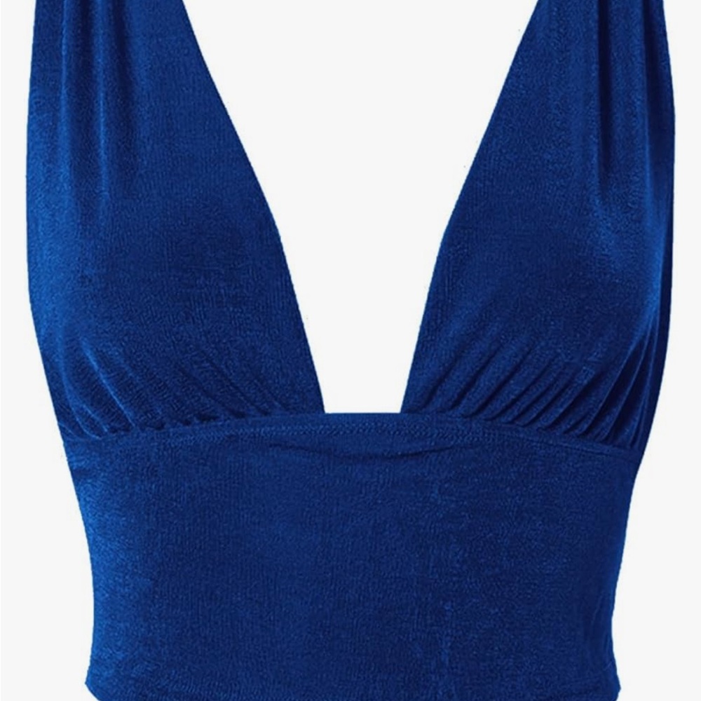 LYANER Royal Blue Deep V Neck Slim Fitted Sleeveless Top - Large